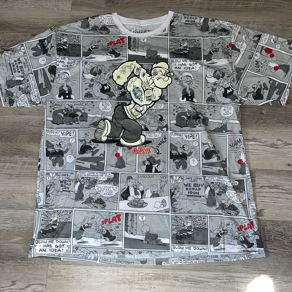 Popeye comics grey white and red short sleeve tshirt size 3xl...Rare item..